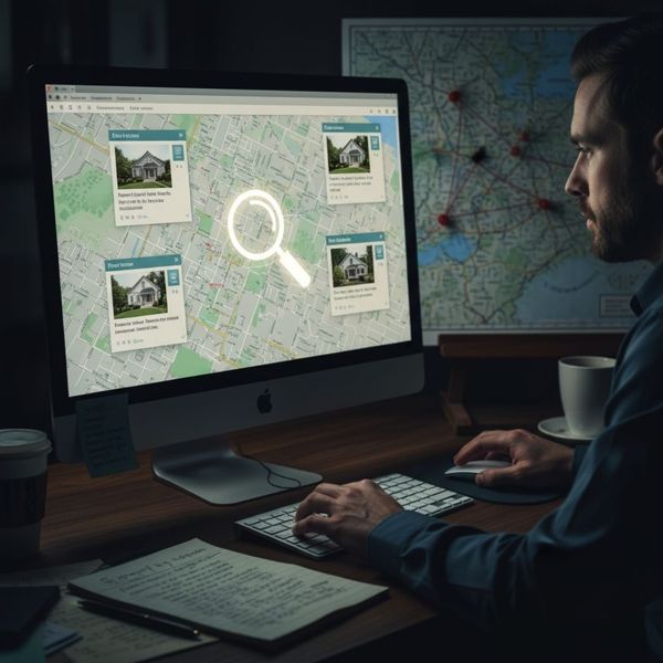 An investigator researching on a computer, viewing a map and house listing information for skip tracing and location efforts.
