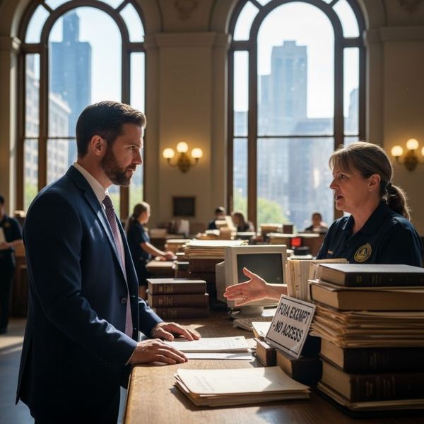 A man in a suit speaking with a court clerk in a busy records office, with a "FOIA EXEMPT - NO ACCESS" sign visible