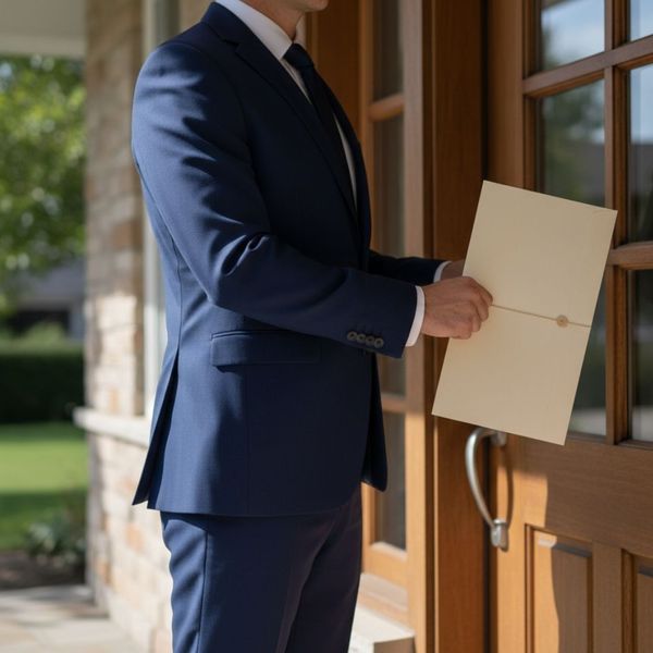 A professional process server delivering legal documents to a residence.