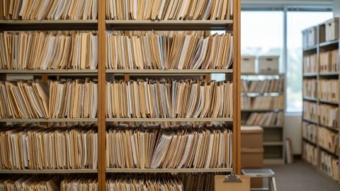 Shelves of paper documents.