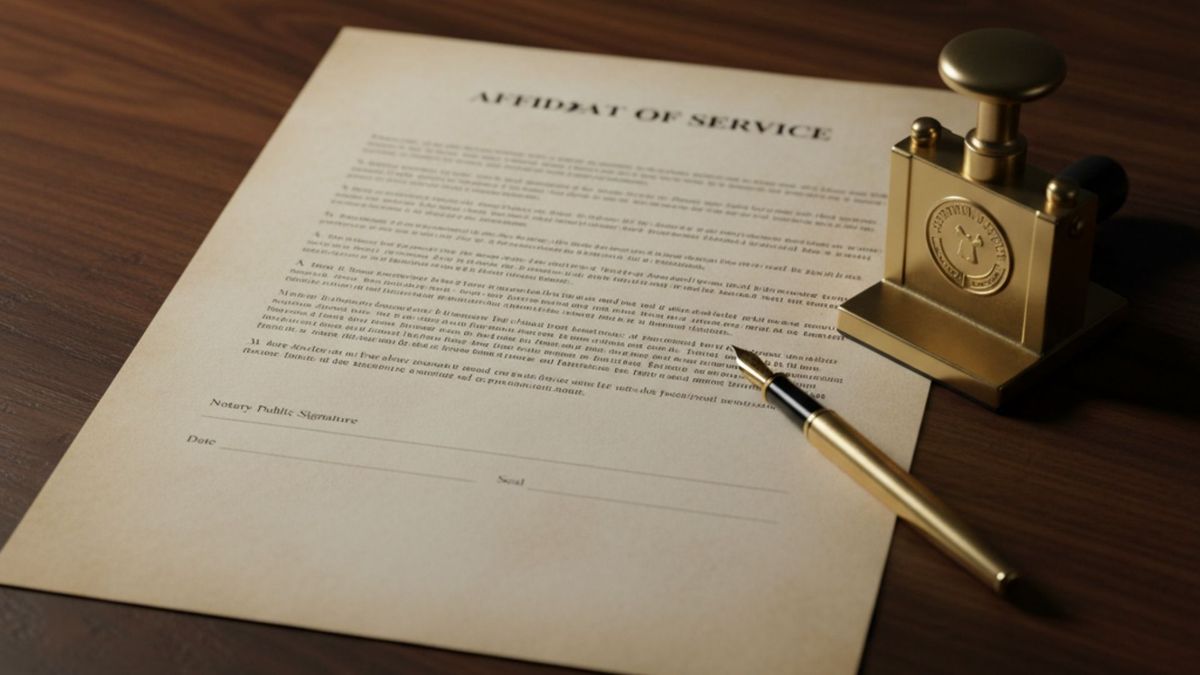 Close-up of a notarized Affidavit of Service document and an antique notary seal on a wooden desk, symbolizing legal verification.