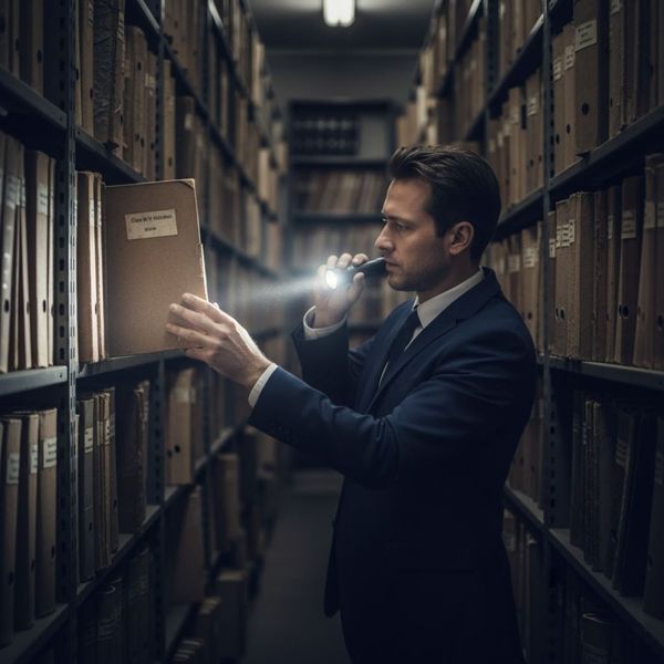 A man in a suit using a flashlight to search through old files on shelves in a dark archive