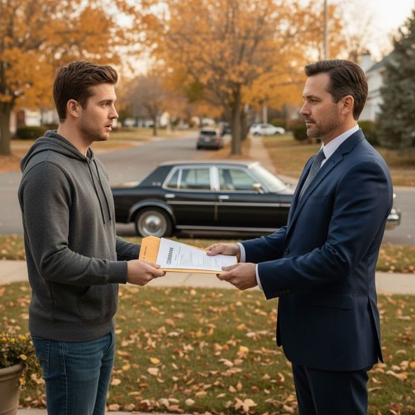 A professional man in a suit hands legal documents to a younger man outdoors
