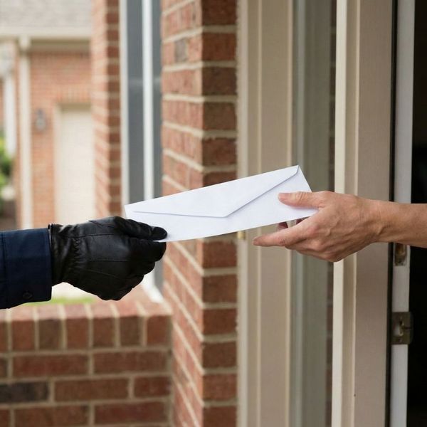 A process server handing legal documents to a recipient at a doorway.