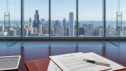 Professional legal documents and pen on a desk in a high-rise Chicago office.