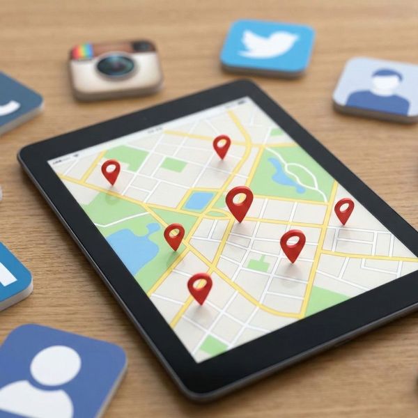 A digital map with location pins representing social media investigation.