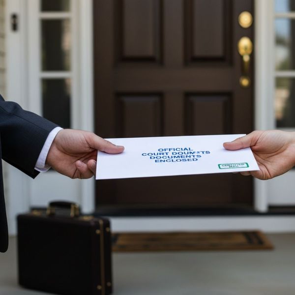 A close-up shot of one hand carefully handing a legal envelope to another hand, emphasizing professional document service.