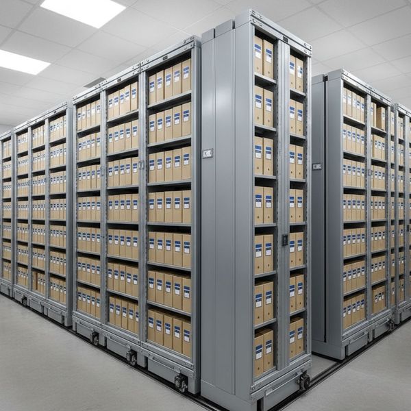 An organized courthouse archive with a modern mobile filing system for record storage.