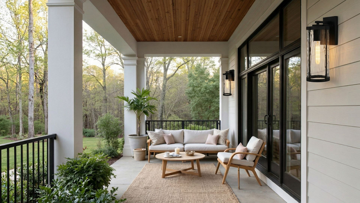 Modern cylindrical sconces with Edison bulbs mounted on a white covered porch with patio furniture.   