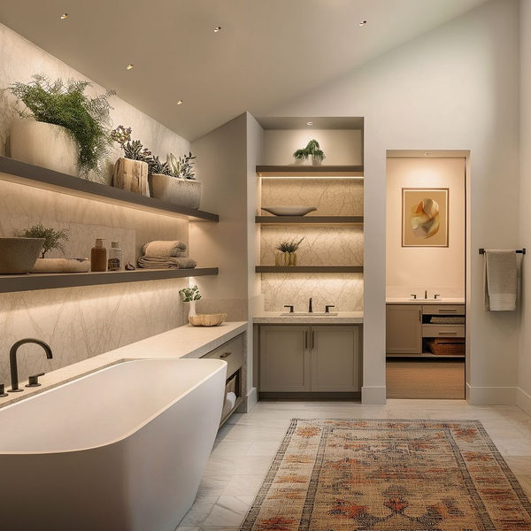 Modern bathroom with freestanding tub and lighted shelves.