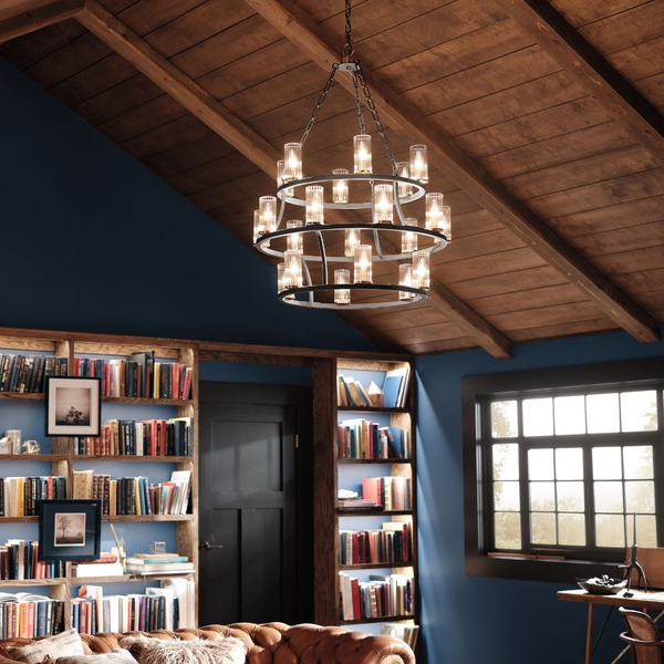 Large modern chandelier hanging from a wooden vaulted ceiling.