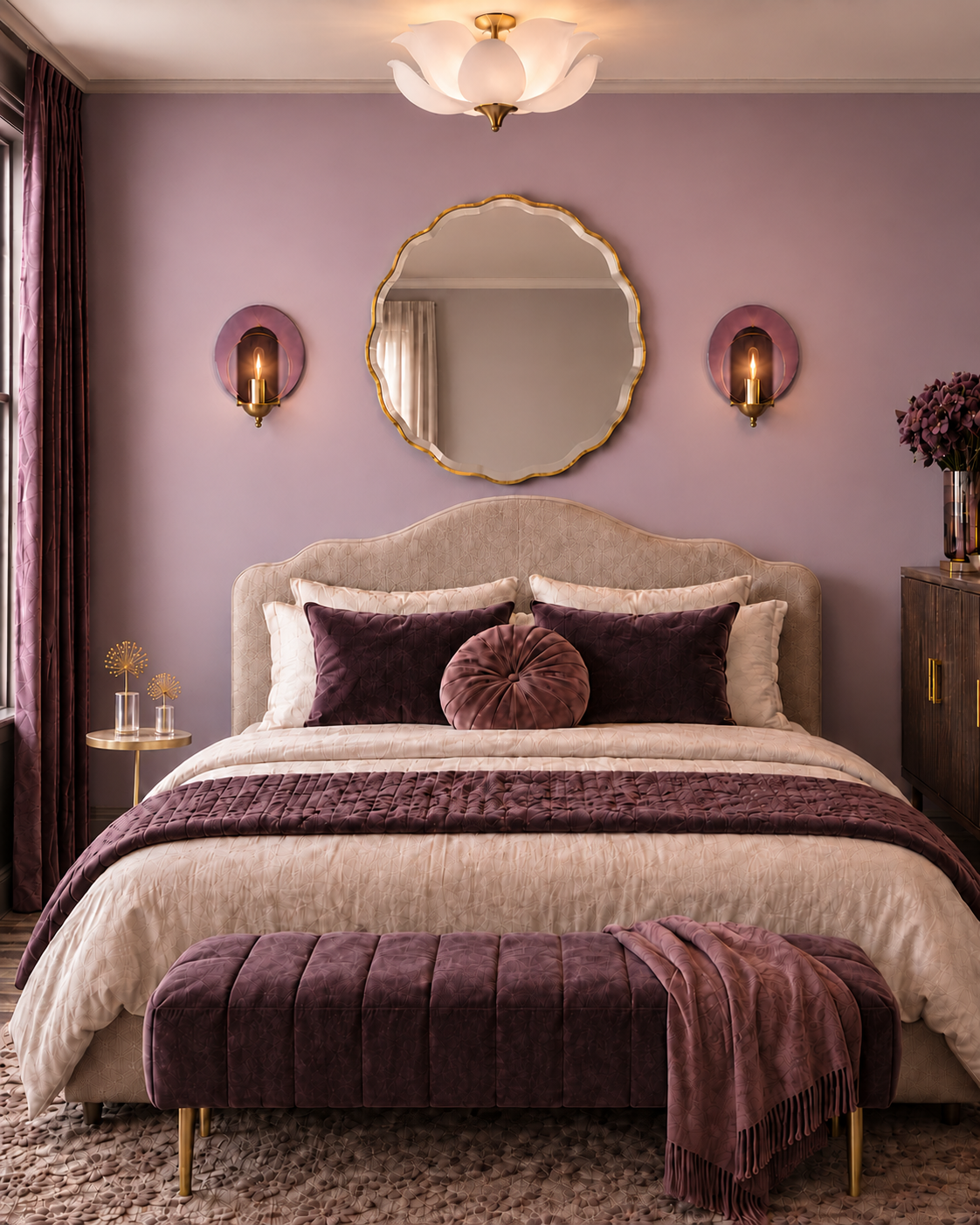 HLKalco Optic wall sconces, Savoy HLHouse Elsie flush mount in Bedroom.png