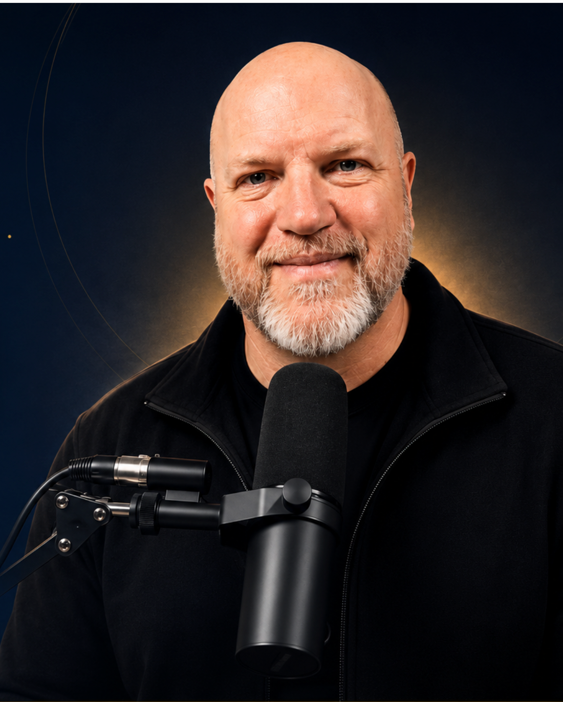 Bradley Hall seated at a podcast microphone