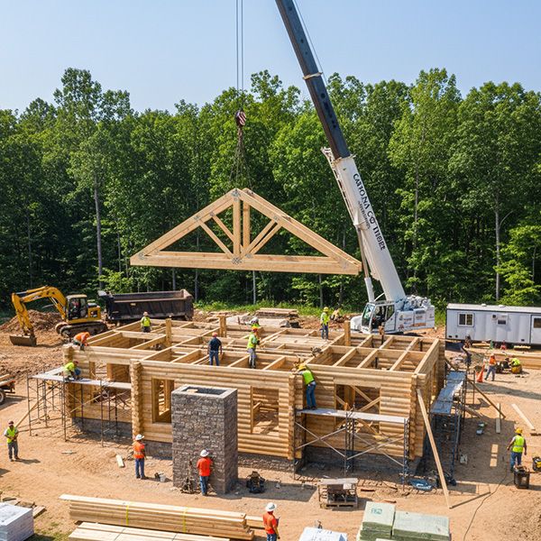 n aerial view of a log home construction site in Charlotte, NC, with a crane lifting a roof truss into place, illustrating comprehensive turnkey building services. Charlotte North Carolina PB Image 3.jpg