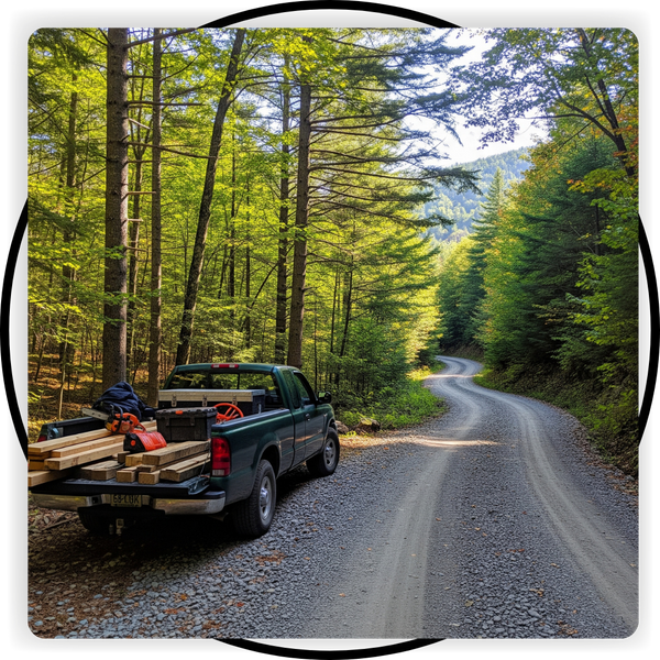 A pickup truck with lumber and equipment parked on a gravel road in a wooded area