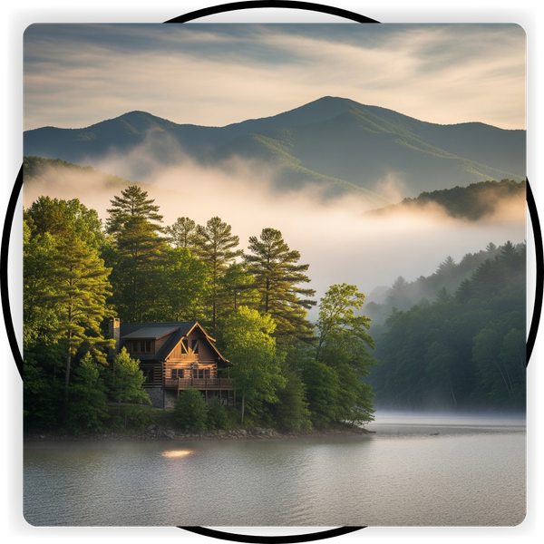 Cabin on a lakefront surrounded by fog