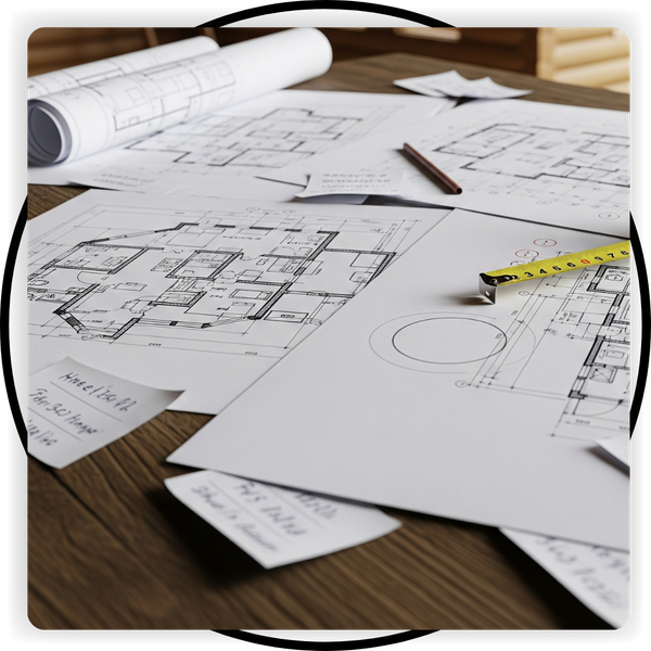 Stack of cabin blueprints