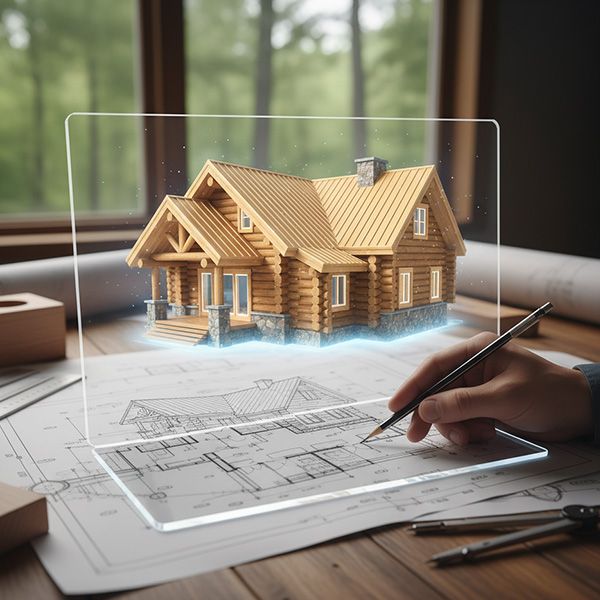 A detailed view of blueprints with a glowing 3D holographic projection of a custom log home, showing a hand with a pencil, representing the planning and design phase of construction. Charlotte North Carolina PB Image 1.jpg