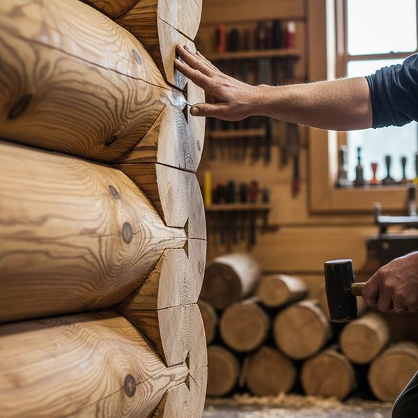 A close-up of a craftsman's hand touching perfectly fitted logs with dovetail joinery, emphasizing the quality materials and skilled craftsmanship in a workshop. Charlotte North Carolina PB Image 2.jpg