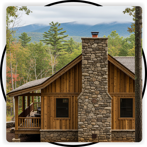 Wood cabin with a stone chimney