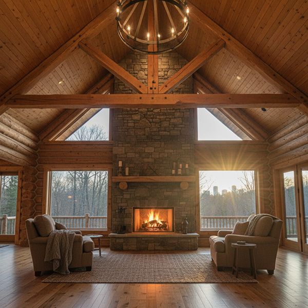 The grand interior of a custom log home in Charlotte, featuring a massive stone fireplace, vaulted timber ceilings, and large windows with a hint of city view at sunset. Charlotte North Carolina PB Image 4.jpg