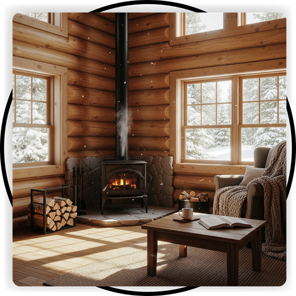 Fireplace and chair in a cabin nook