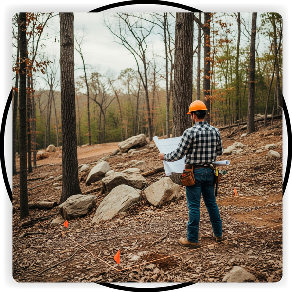 Builder looking at a blueprint while standing in a designated space