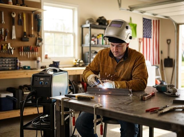 Man Welding in Garage Workshop