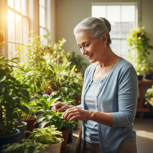 A resident happily participating in a therapeutic gardening activity