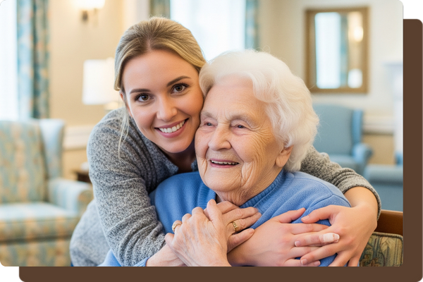 Adult daughter hugging her elderly mother