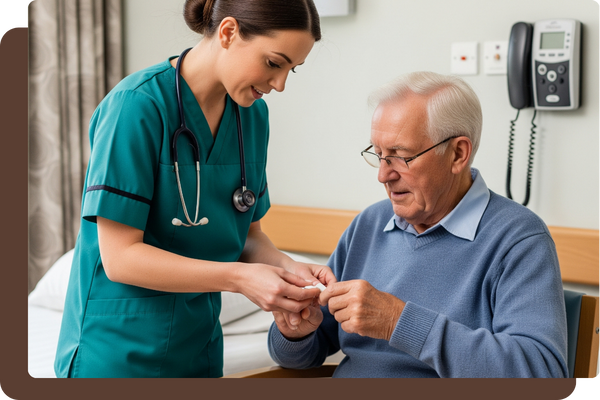 Nurse assisting an elderly resident with medication
