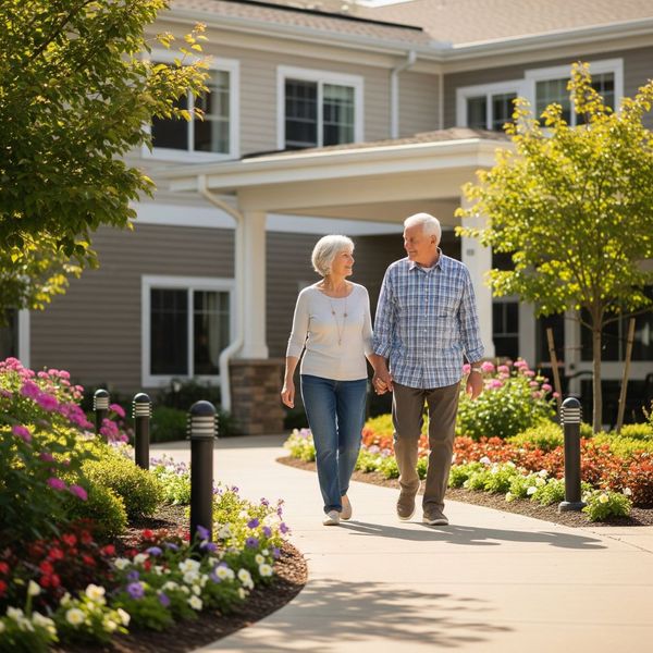 A senior couple enjoying a peaceful walk in the secure and scenic grounds of their community