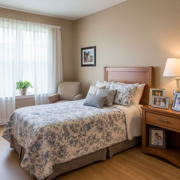A clean and inviting private assisted living suite featuring a neatly made bed with a patterned quilt, a large window with natural light, and personal family photos on the nightstand