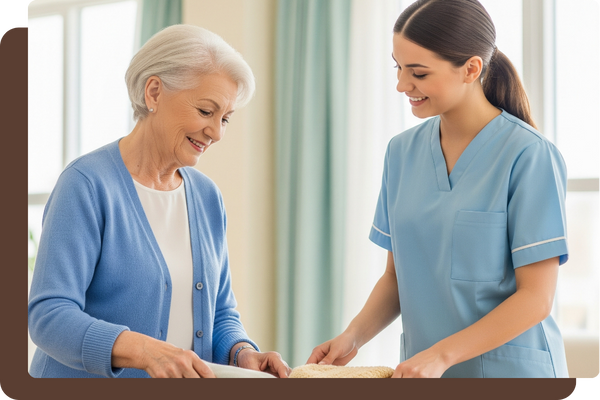Caregiver helping an elderly woman pack