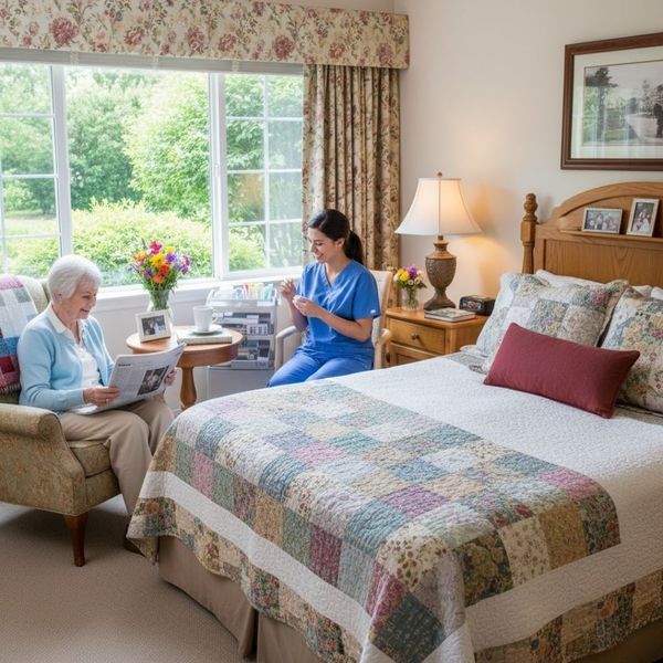 an elderly woman in a private suite, enjoying a calm morning by reading a newspaper and drinking coffee in her favorite armchair