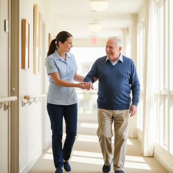 A Sylvan Crossings staff member provides gentle physical support to a resident