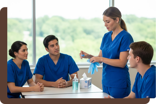 a healthcare instructor in a bright classroom demonstrating the proper way to put on medical gloves to a group of attentive students in blue scrubs