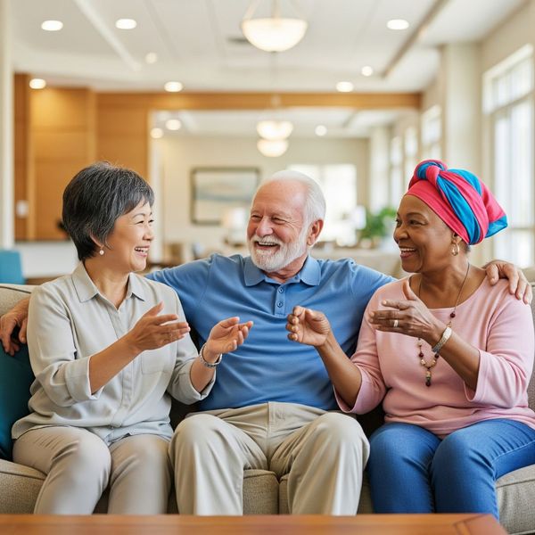 Residents building strong friendships and socializing in a cozy Sylvan Crossings common area