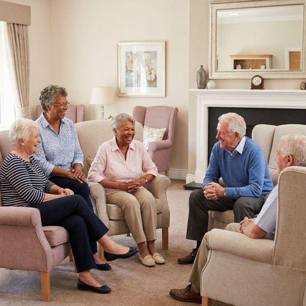A group of diverse seniors socializing and laughing together in a common area at Sylvan Crossings.