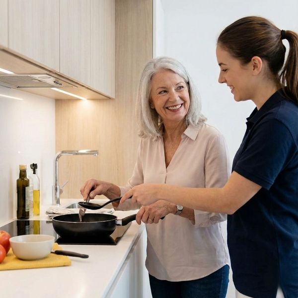 A Sylvan Crossings staff member assisting a senior resident with cooking in her apartment kitchenette.