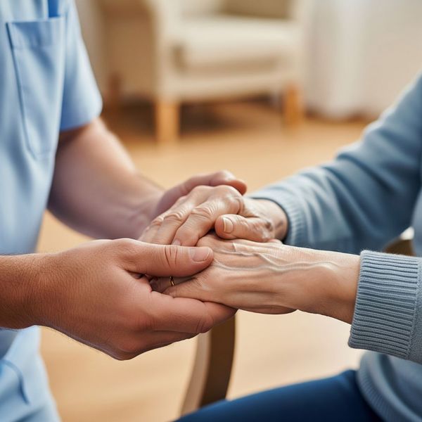 A caregiver holding a resident's hands, symbolizing comfort and trust