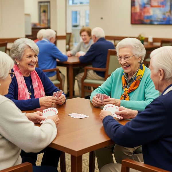 Senior residents enjoying a card game and socializing together in a friendly atmosphere
