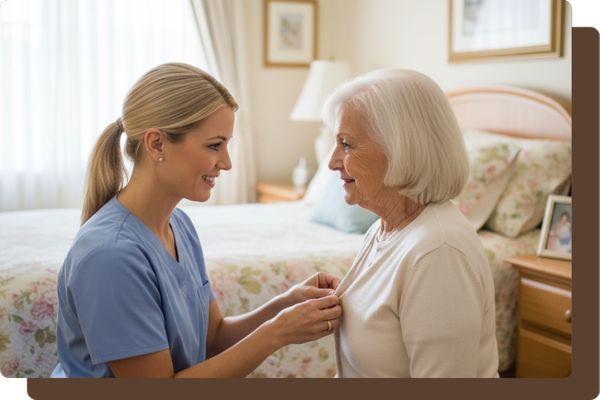 A kind female caregiver in blue scrubs helping an elderly woman with dressing, fastening a button on her sweater, in a warmly lit resident bedroom, symbolizing daily living assistance. A kind female caregiver in blue scrubs helping an elderly woman with dressing, fastening a button on her sweater, in a warmly lit resident bedroom, symbolizing daily living assistance.
