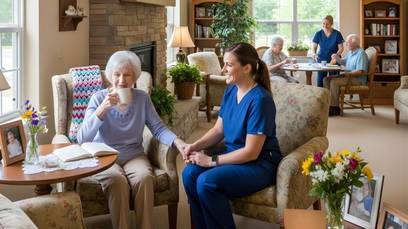 A warm, professional photo of a cozy common room at an assisted living community, featuring a stone fireplace, comfortable floral armchairs, and a smiling caregiver talking with a resident