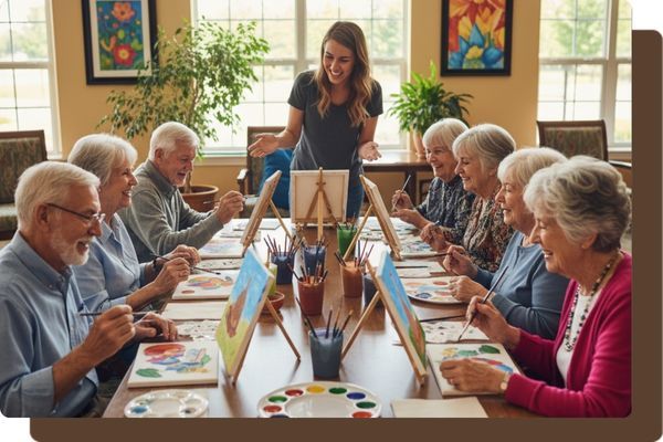 A group of smiling senior residents actively engaged in a painting class with easels and paints, guided by a cheerful instructor, fostering social connections and creativity. A group of smiling senior residents actively engaged in a painting class with easels and paints, guided by a cheerful instructor, fostering social connections and creativity.