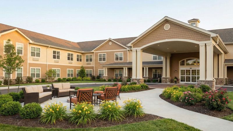 Welcoming exterior of a Sylvan Crossings assisted living community with a patio and landscaping.Welcoming exterior of a Sylvan Crossings assisted living community with a patio and landscaping.