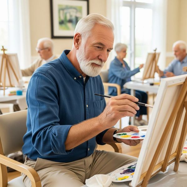 A senior resident expressing creativity by painting on a canvas