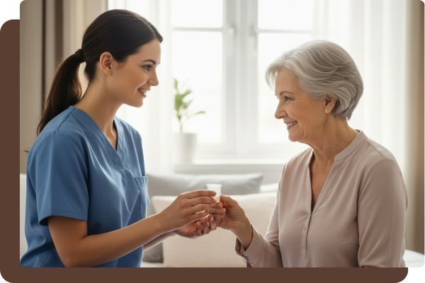 A smiling female caregiver in blue scrubs gently offers a small cup of medication to an equally smiling senior woman, who is seated on a bed in a bright, comfortable room, emphasizing personalized care. A smiling female caregiver in blue scrubs gently offers a small cup of medication to an equally smiling senior woman, who is seated on a bed in a bright, comfortable room, emphasizing personalized care.