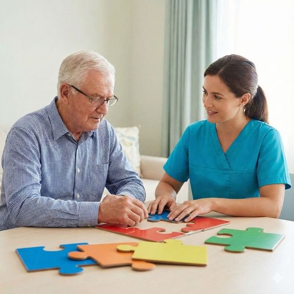 A caregiver at Sylvan Crossings doing a puzzle with a senior man in the dementia care program.