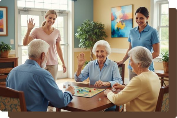 A lively group of seniors and caregivers playing a board game at a table in a bright common area. An elderly woman is waving while two other seniors are engaged with the game. Two younger female caregivers are standing nearby, smiling and interacting.
